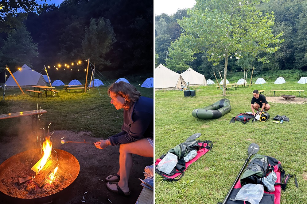 Packraft-uitrusting klaarmaken op het basiskamp van Packraft Travel in Duitsland